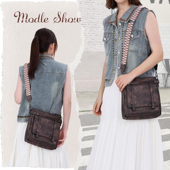 Leather Crossbody Bag Women Men Travel Purse Medium with Pockets & Wide Strap - Picture 6 of 6